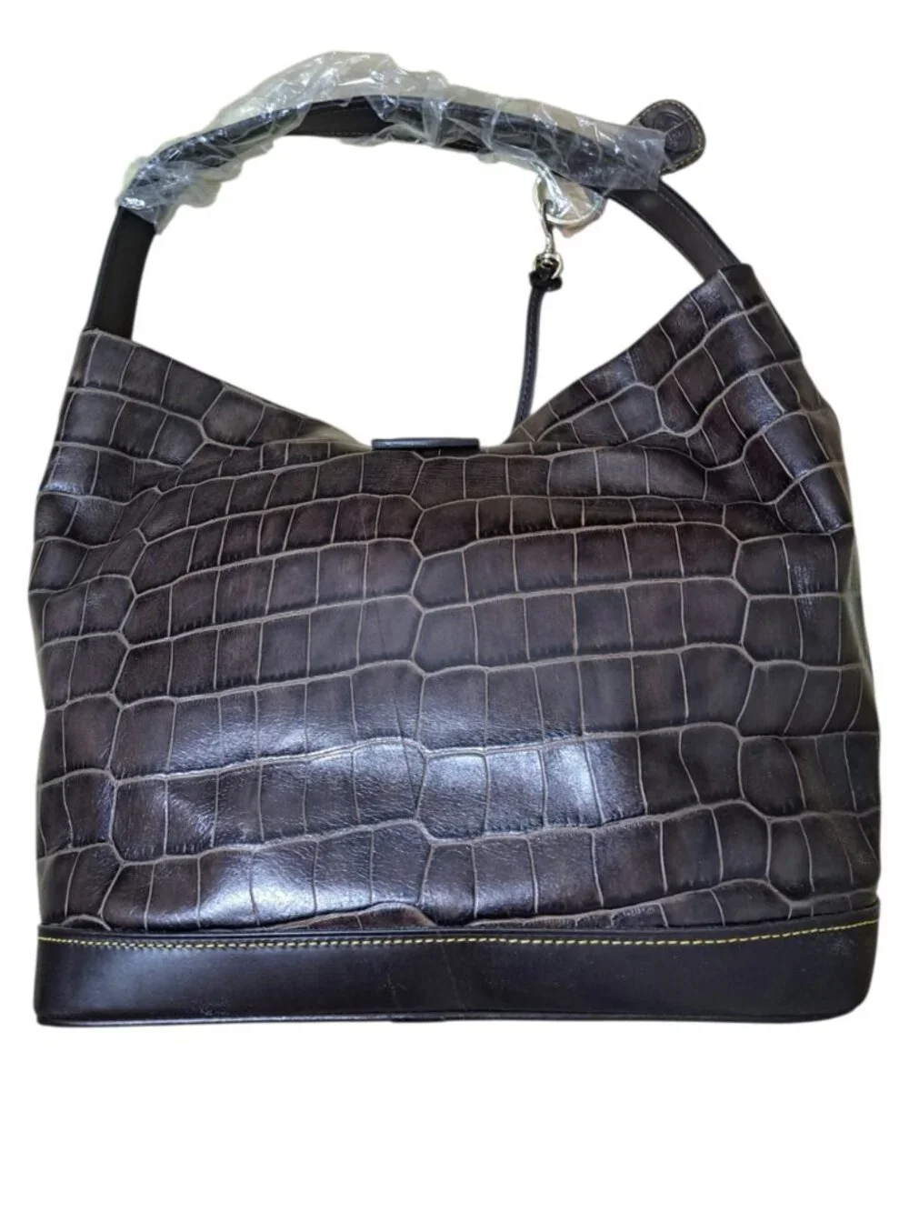 Dooney & Bourke Brown Croco Embossed Leather Logo Lock Hobo Shoulder Bag